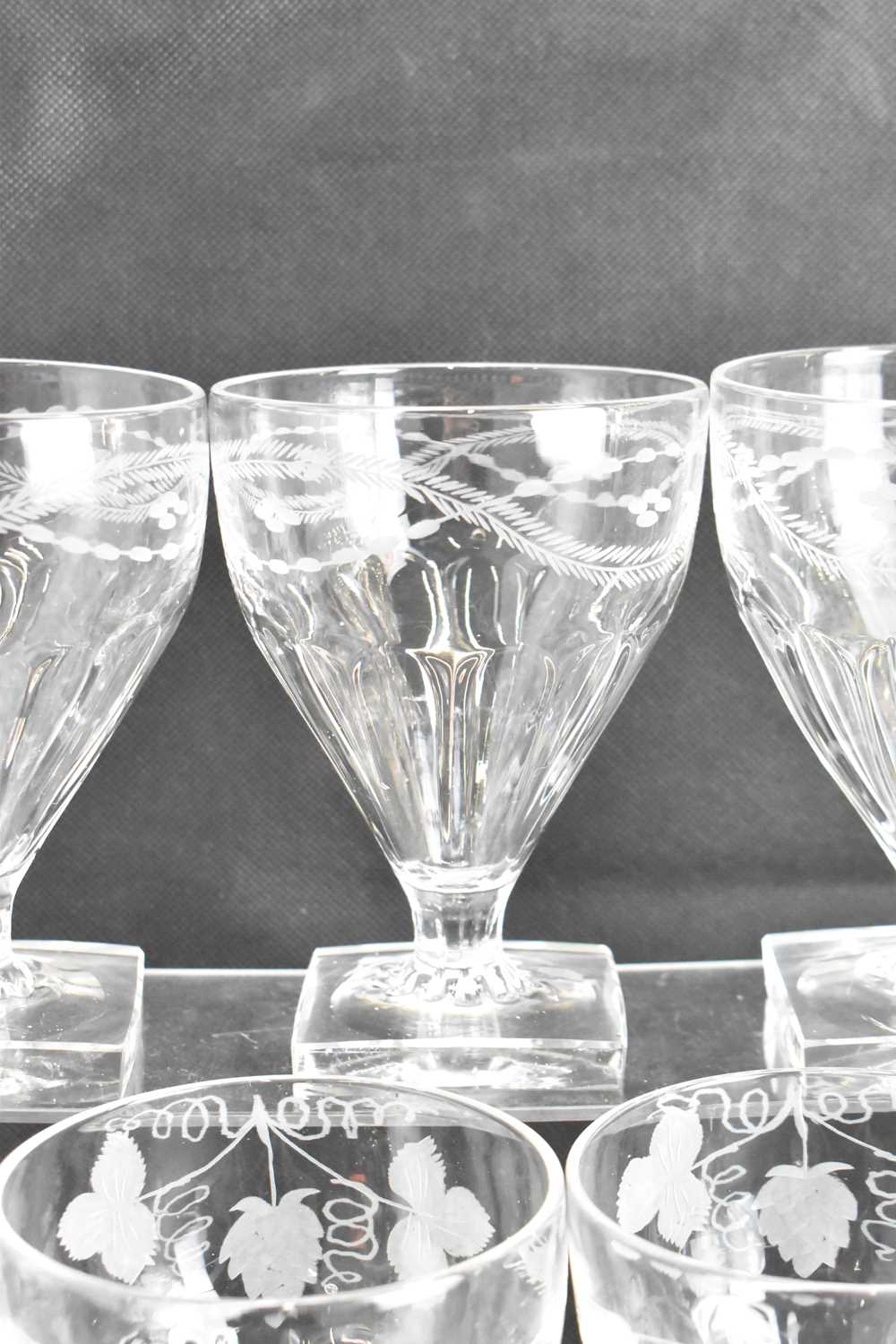 Two sets of similar shaped rummer glasses, with cone-shaped bowls with moulded fluted bottoms, - Image 4 of 4