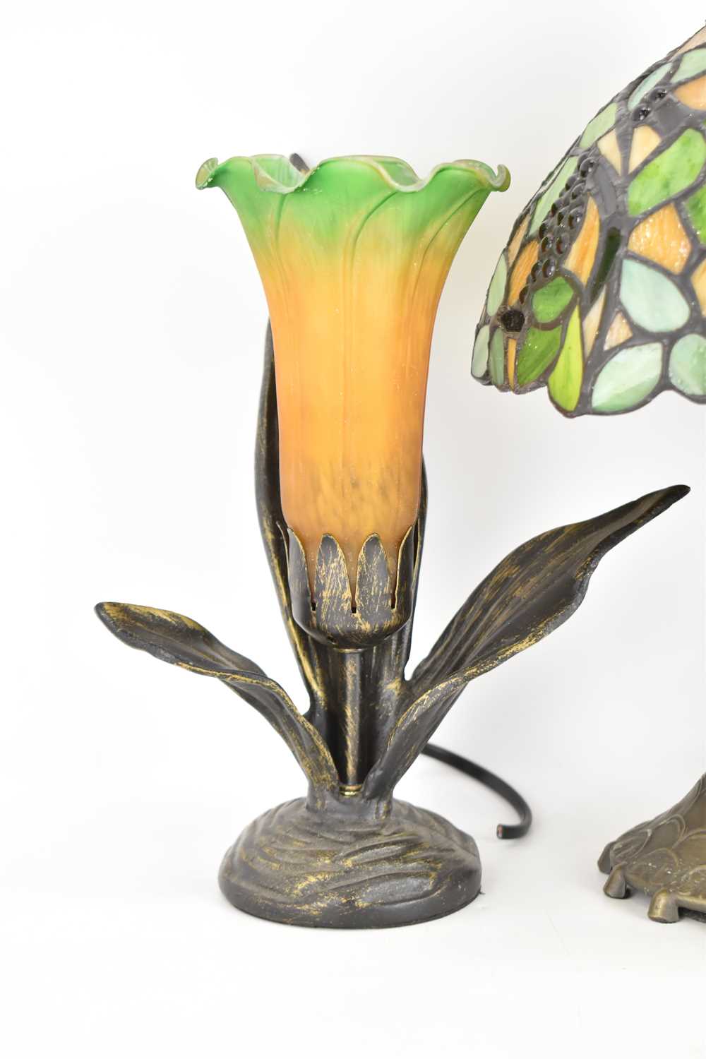 A small modern Tiffany-style table lamp with grape and leaf design, height 32cm, and a pair of - Image 2 of 4