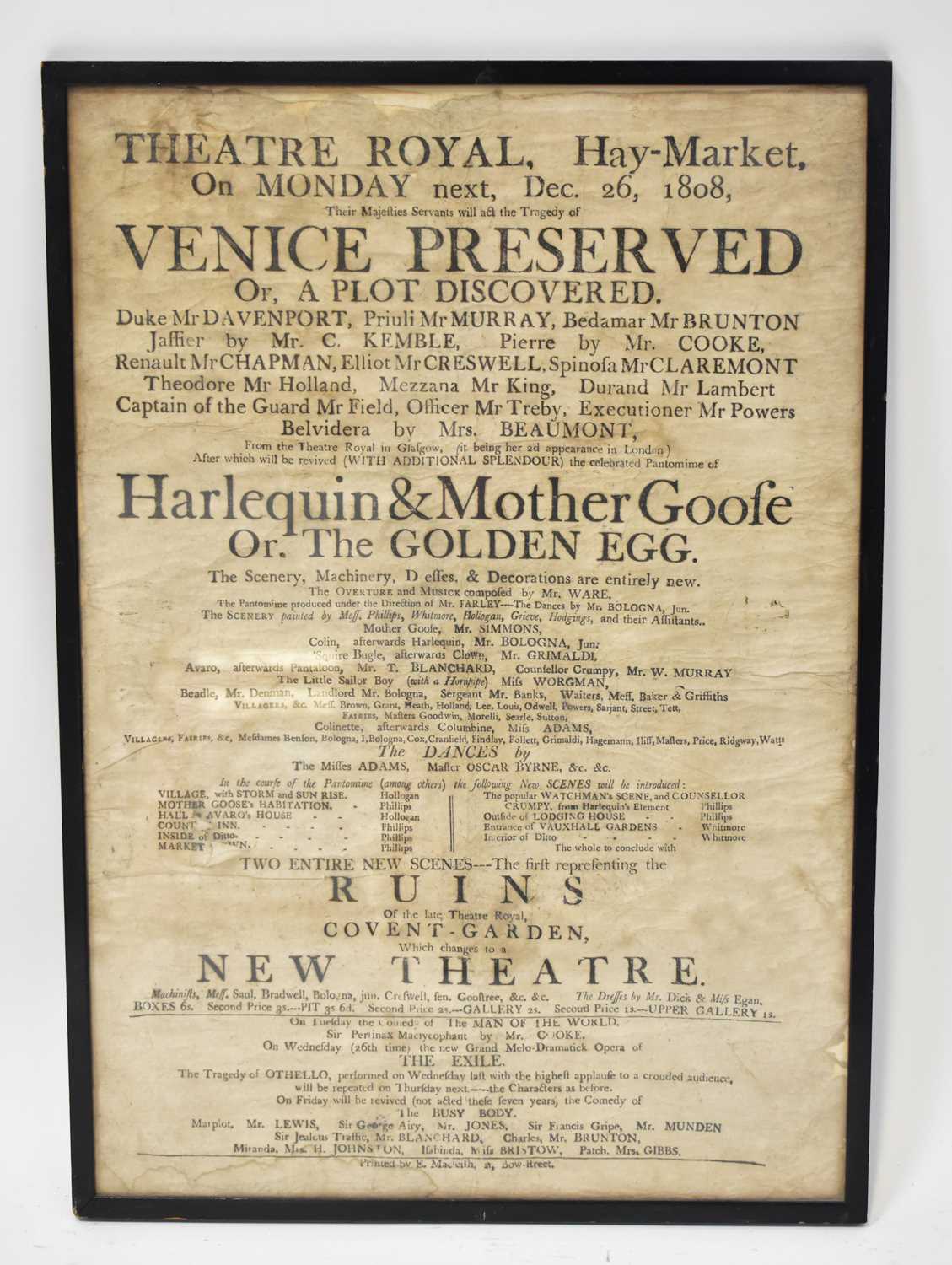 An early 19th century poster advertising 'The Theatre Royal Haymarket, December 26th 1808: The