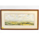 † BEVERLEY BLACK; watercolour on paper, a Herefordshire panoramic landscape of hills, church spire