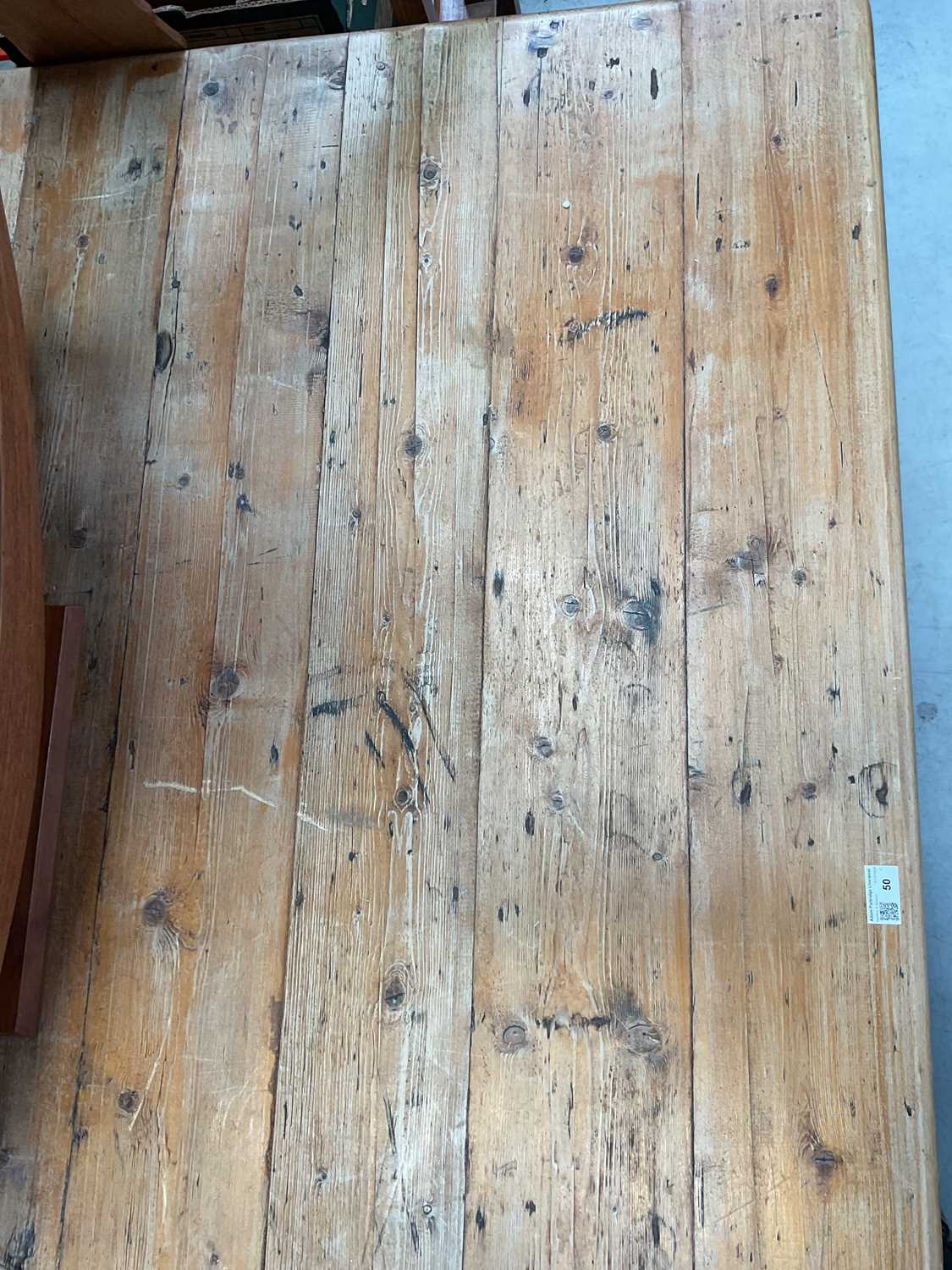 A large rustic pine farmhouse table of plank top construction, raised on turned tapering supports, - Image 3 of 3