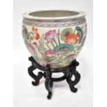 A 20th century Chinese Famille Rose jardinière or fishbowl painted with koi amongst weeds to the