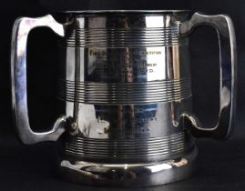 A large 19th century Elkington silver plated tyg, 'Awarded for fire discipline competition 9th L.V.A