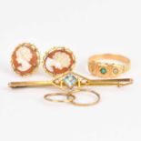 A 9ct gold bar brooch with blue bezel set square stone flanked by small seed pearls, length 5cm, a