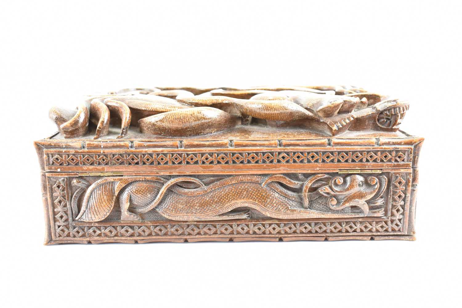 A large wooden box with carved dragon and serpent lid, with internal tray and loose dividers, 12 x - Image 4 of 5