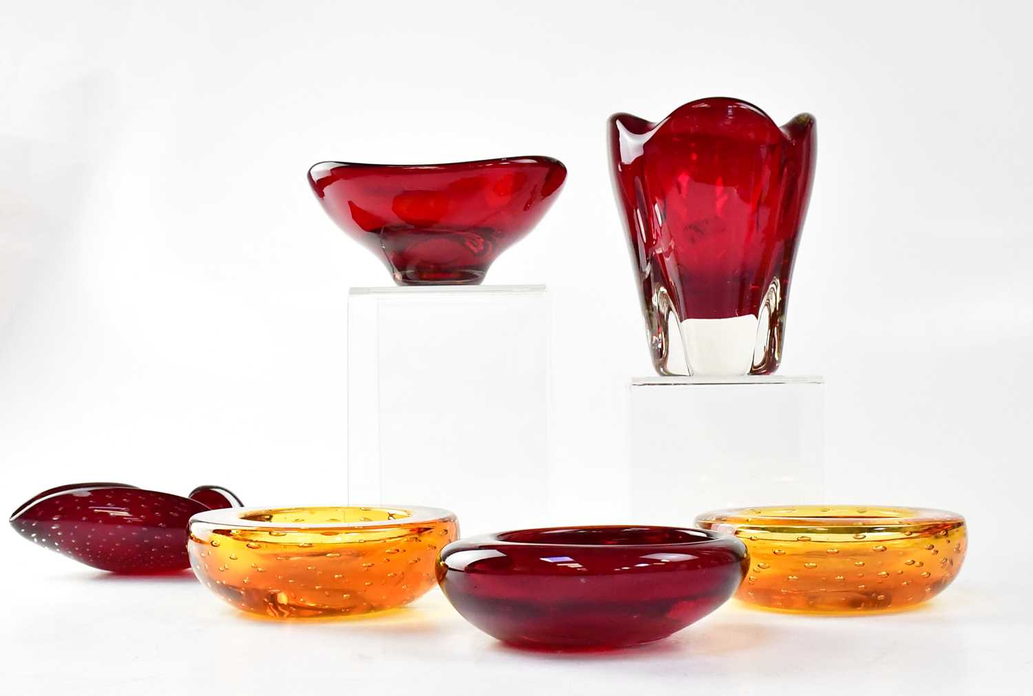 WHITEFRIARS; a red and clear glass 'Molar' vase, height 14.5cm, a red glass triangular bowl, a