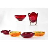WHITEFRIARS; a red and clear glass 'Molar' vase, height 14.5cm, a red glass triangular bowl, a