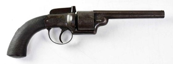A 19th century 50 bore caplock six shot transitional revolver, 5.75" octagonal barrel with unusual