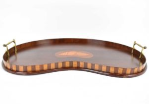 A mahogany and brass kidney-shaped tray with shell inset central panel, width 55cm.