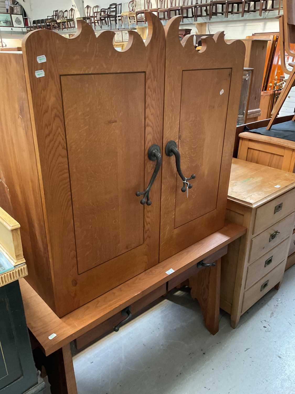 A modern oak cupboard on stand, with two short drawers, with naturalistic style wrought ironwork - Image 2 of 5