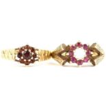 Two 1970s 9ct gold ruby cluster rings, one with central claw set white opal, both with textured