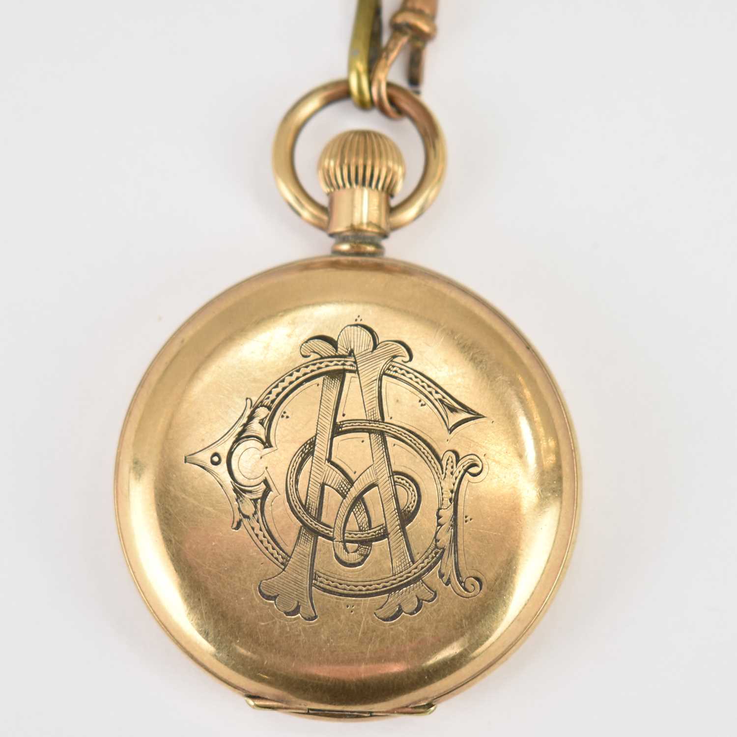 LANCASHIRE WATCH CO; a Prescot gold plated full hunter pocket watch, the white enamelled dial set - Image 3 of 3