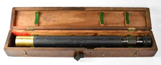 ROSS, LONDON; a leather bound telescope with knurled eyepiece adjuster, serial no. 44053, length