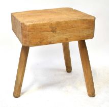 A pine butcher's block with a solid top to tripod base, 72 x 58 x 72cm. Condition Report: Has