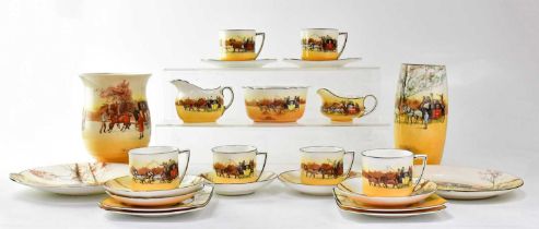 ROYAL DOULTON; a Series Ware part tea service with coaching scenes, six cups, five saucers, six side