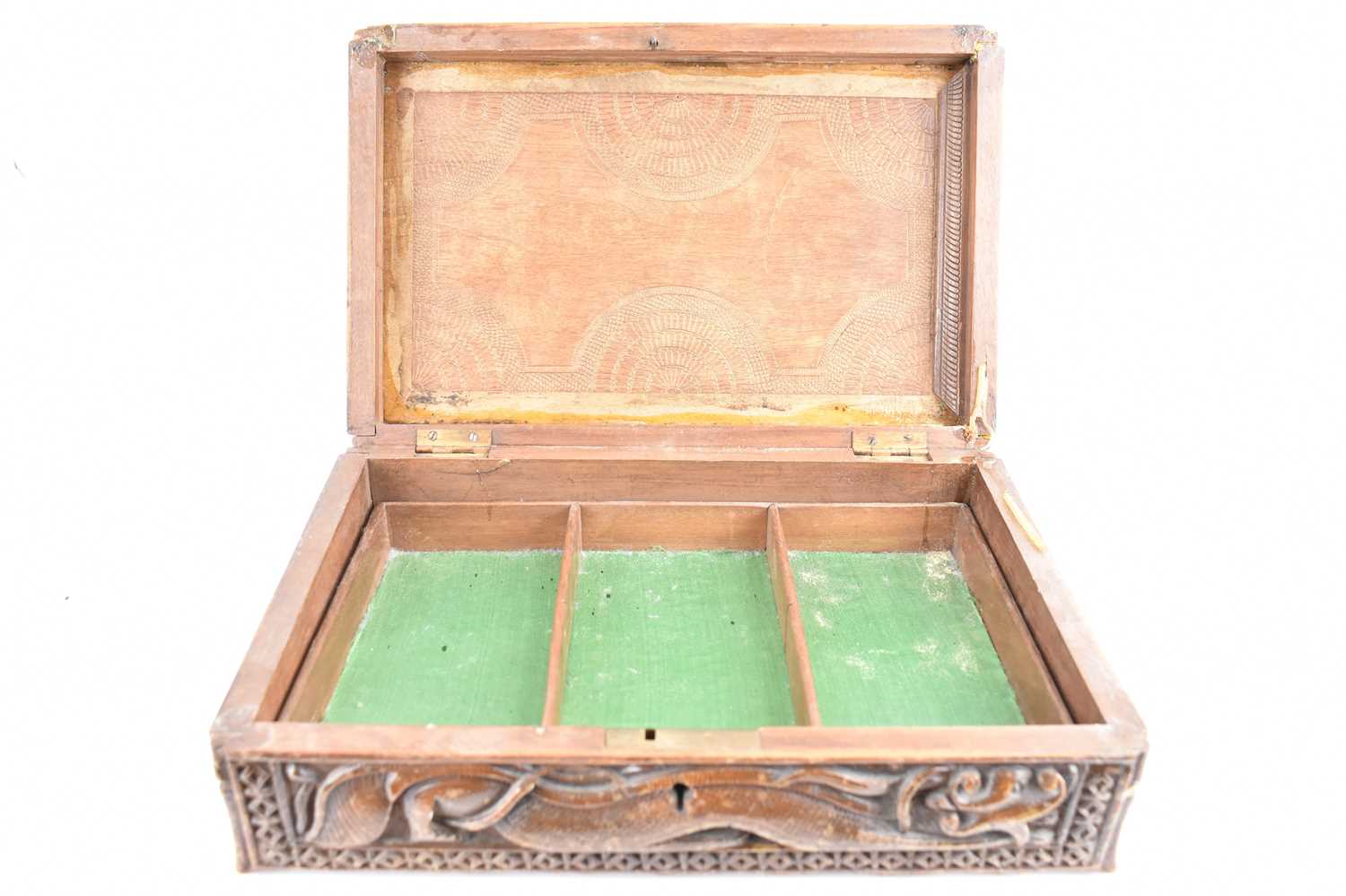 A large wooden box with carved dragon and serpent lid, with internal tray and loose dividers, 12 x - Image 5 of 5