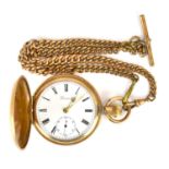 LANCASHIRE WATCH CO; a Prescot gold plated full hunter pocket watch, the white enamelled dial set