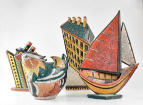 † ANDREW OSBORNE; a ceramic model of a house, together with a model of a ship, a sailing boat and