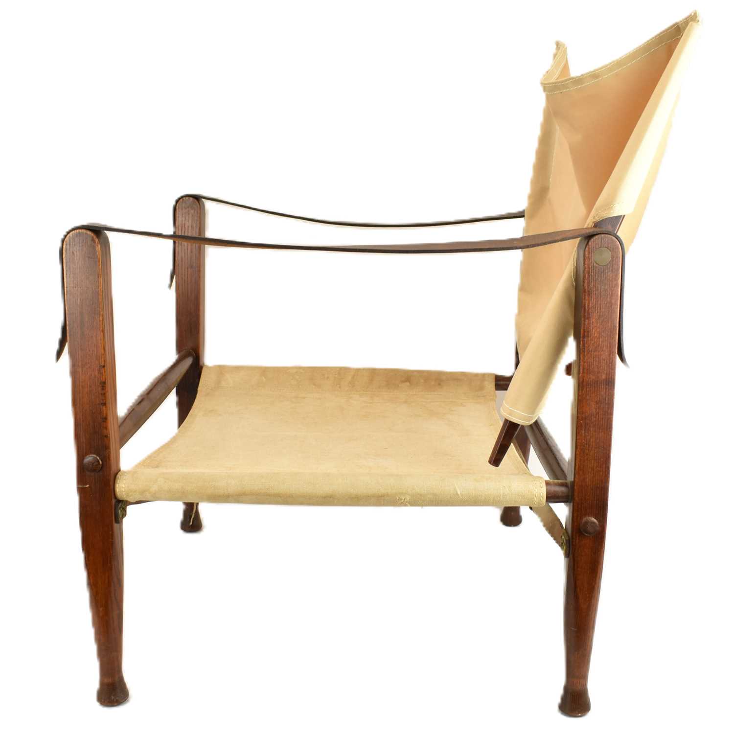 KAARE KLINT, DENMARK; a pair of ash and canvas safari chairs, marked 'Denmark 25160' to back - Image 6 of 7