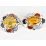 Two 19th century style silver and polished agate Scottish brooches, one 4.5cm diameter, the other