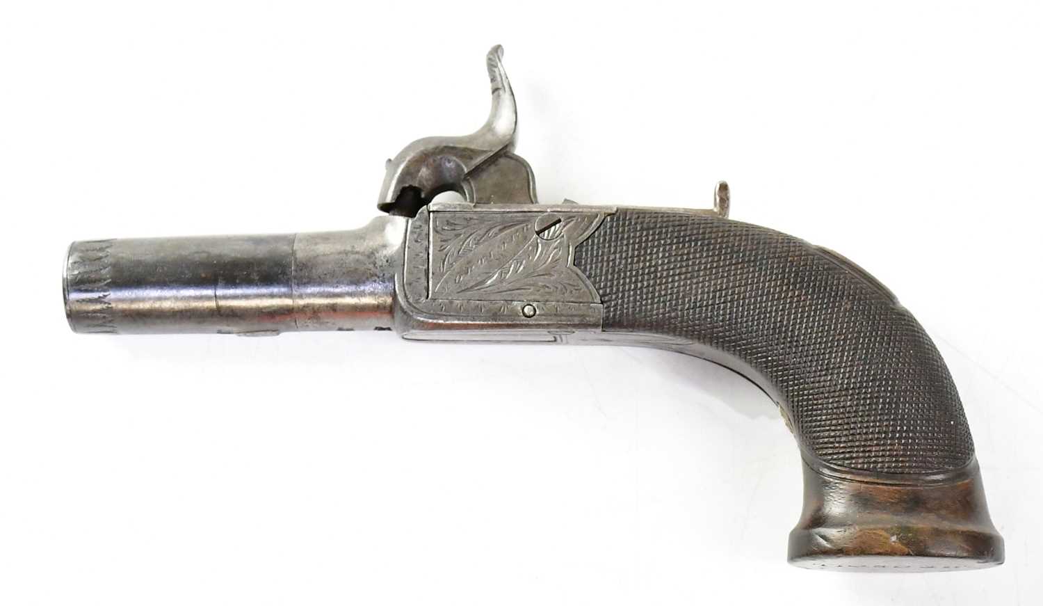 MORTIMER, LONDON; a 19th century 56 bore percussion cap pocket pistol with 1.5" turn-off barrel, box - Image 2 of 2