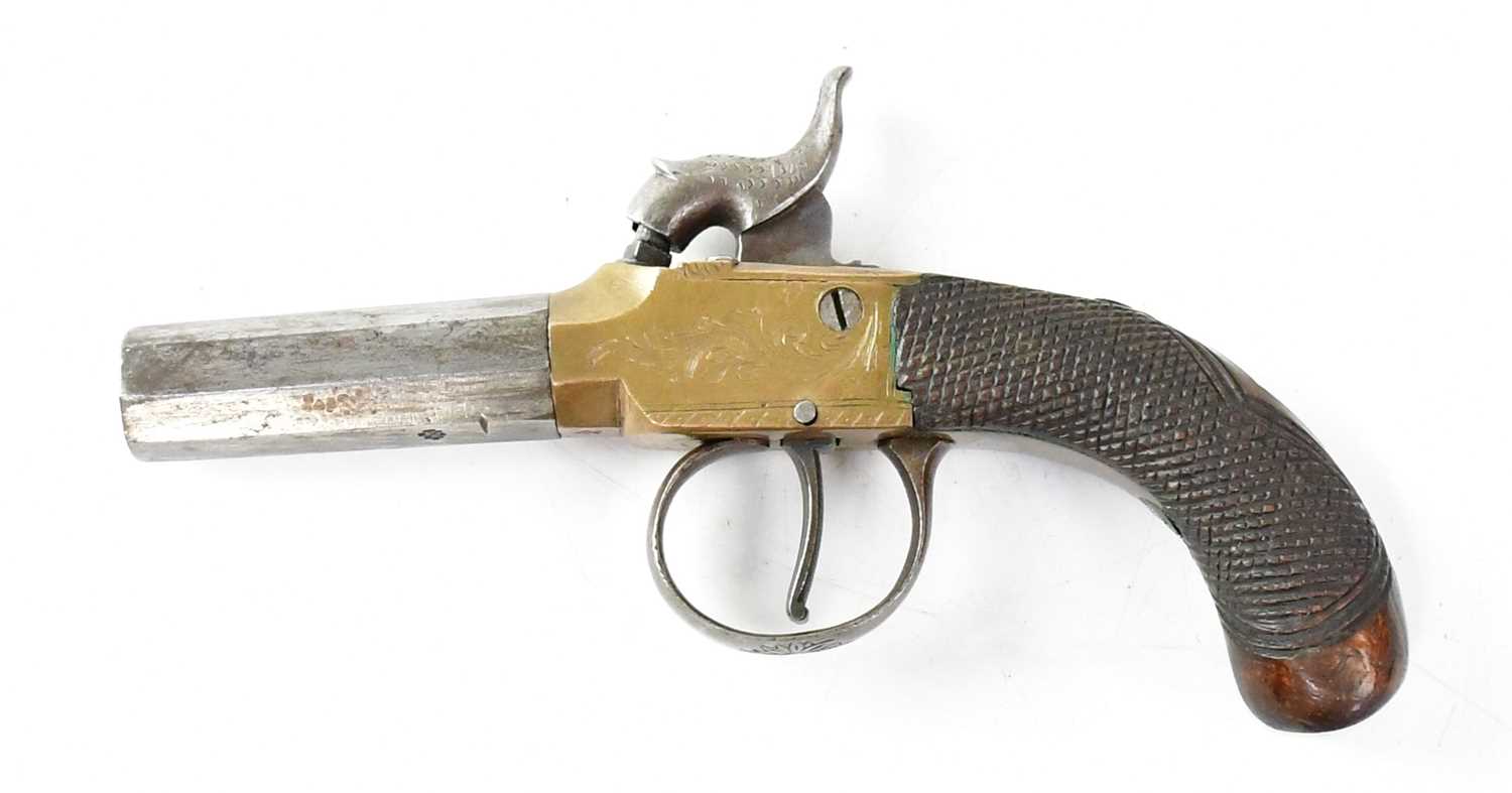 A 19th century 120 bore percussion cap pocket pistol, 2.75" octagonal turn-off barrel, brass box - Image 2 of 2