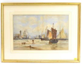 THOMAS BUSH HARDY (1842-1897); watercolour, coastal fishing scene with moored fishing boats and