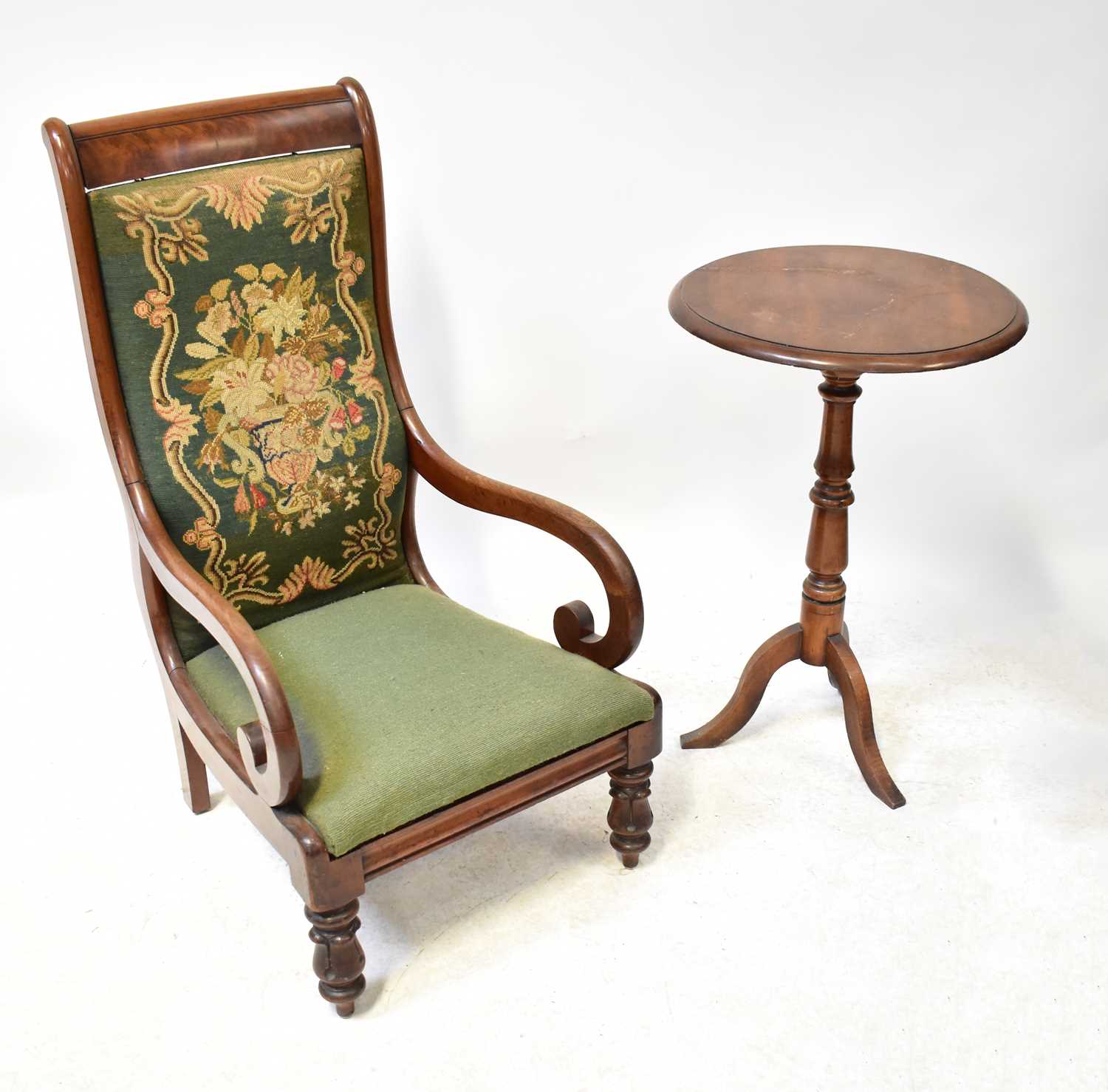 A William IV mahogany open arm nursing chair with tapestry upholstered back, height 105cm, - Image 2 of 2