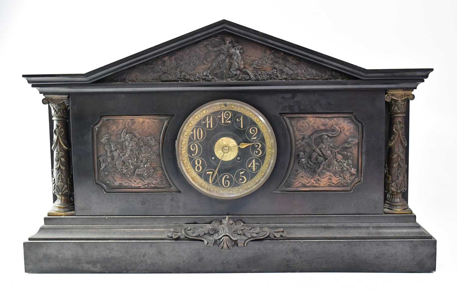 A Victorian slate mausoleum eight-day mantel clock with bronze-effect panels depicting Classical - Image 2 of 2