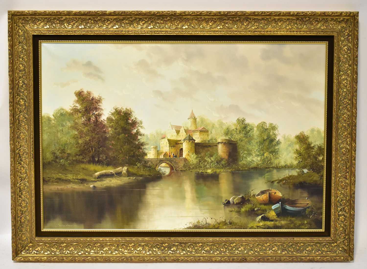 GUNTHER; a large oil on canvas, Continental scene of country fort/château in woodland with boats