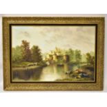 GUNTHER; a large oil on canvas, Continental scene of country fort/château in woodland with boats