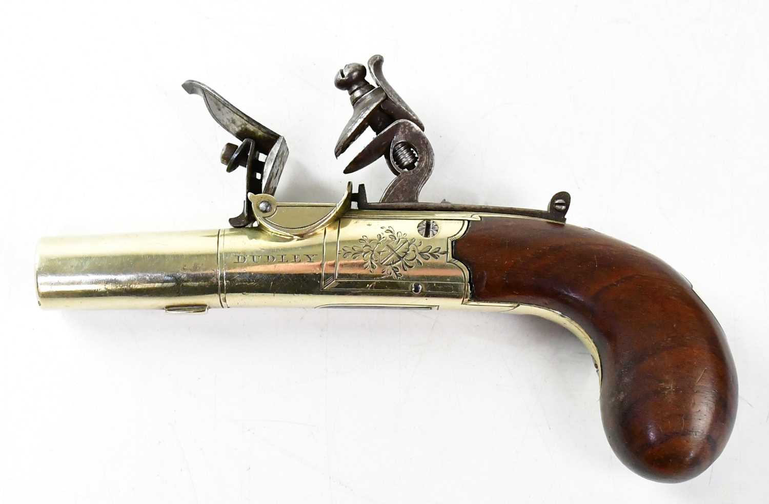 DUDLEY, PORTSMOUTH; a late 18th/early 19th all brass 54 bore flintlock pocket pistol with 1.5" - Image 2 of 2