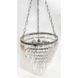 A chrome-effect and cut glass waterfall electrolier of three lamps, height 100cm. Condition