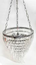 A chrome-effect and cut glass waterfall electrolier of three lamps, height 100cm. Condition