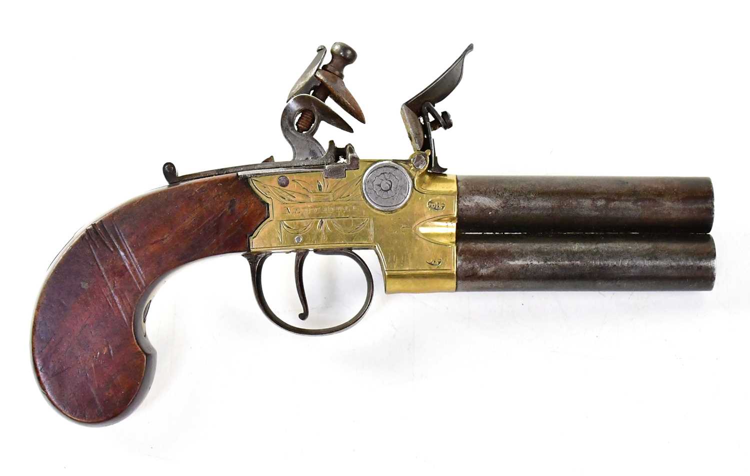SMITH, NEWCASTLE; an early 19th century over/under 50 bore flintlock pistol with 3" turn-off
