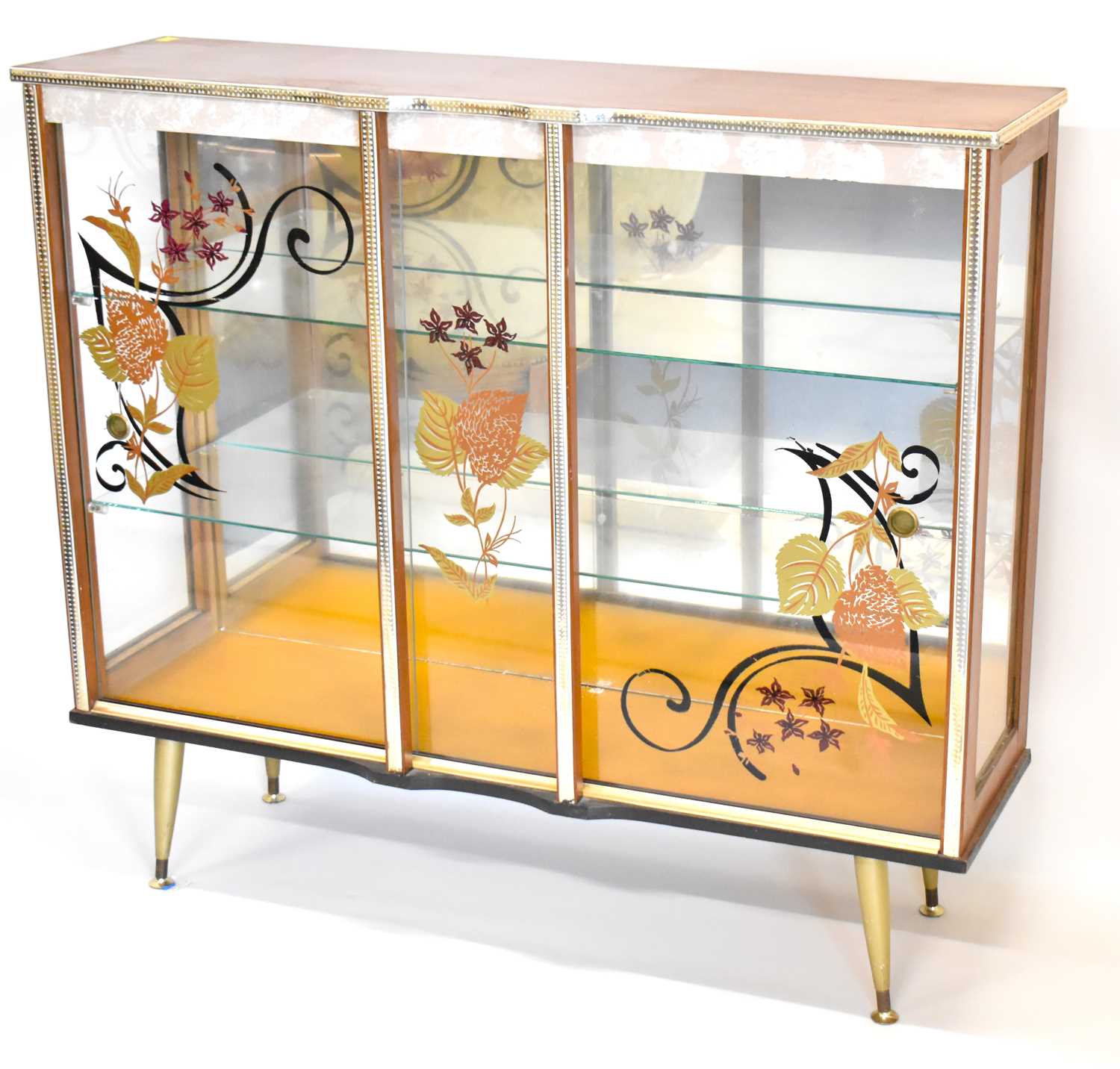 A 1960s glass cocktail/display cabinet, with mirror back, two glass shelves, floral gilt decorated - Image 2 of 2