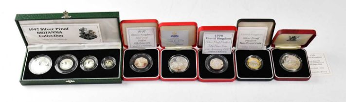 A collection of proof coins, comprising a 1996 commemorative silver proof crown, a 1998 Piedfort