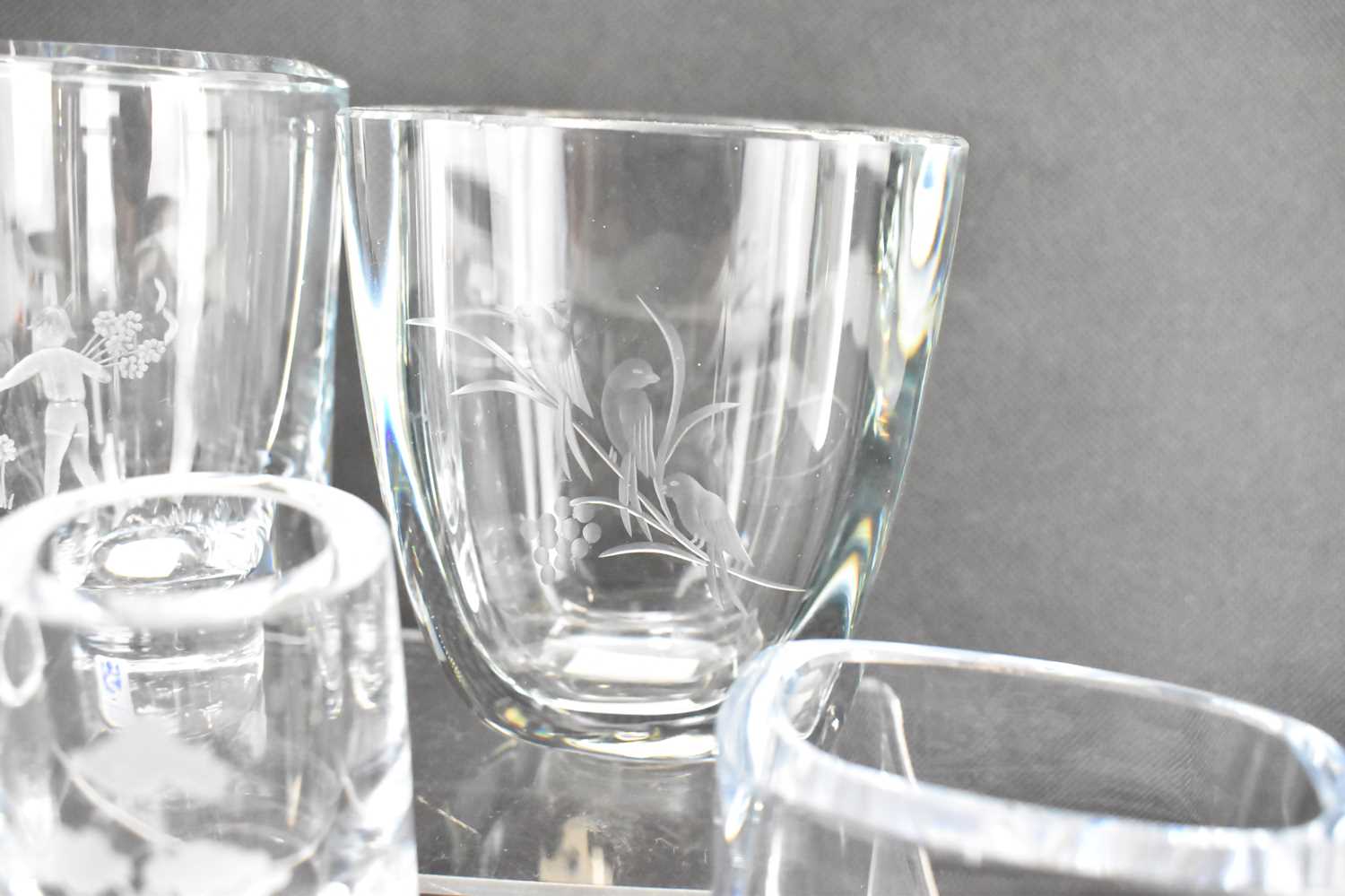 Five clear lead crystal Scandinavian vases to include Stromberg's Hyttan Sweden, engraved with image - Image 6 of 6