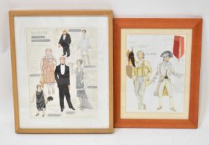 † PETER STREETWOOD; colour pencil and watercolour, study of theatrical costumes for 'Trap', two 18th