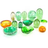 A group of decorative coloured and art glass, comprising seven Victorian green glass dump