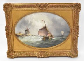 HENRY REDMORE (1820-1887); oil on canvas, fishing boat with windmill on the shoreline, oval,