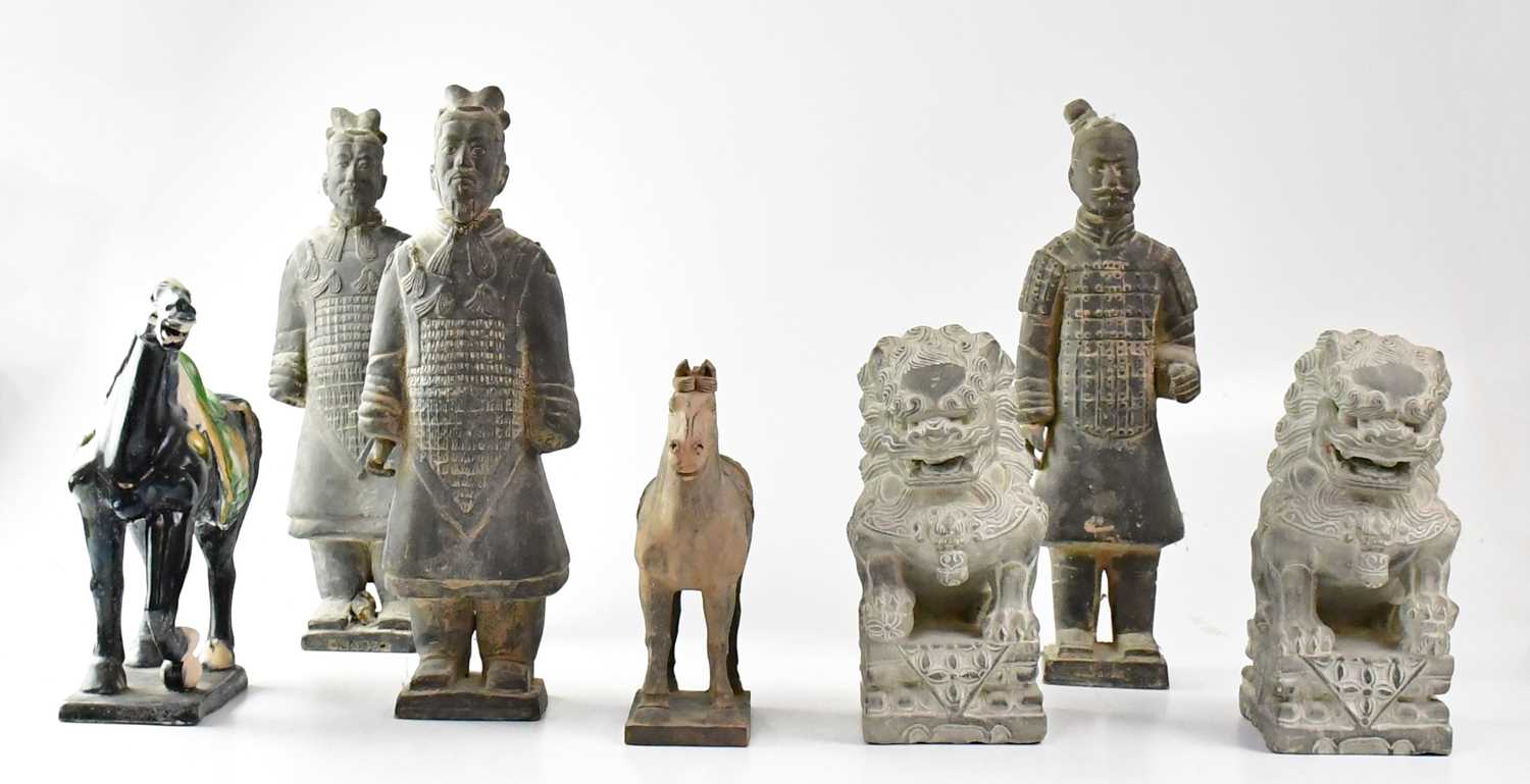 Three reproduction Chinese terracotta army figures, height 40cm, together with a reproduction Tang