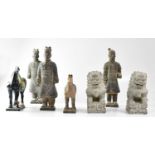 Three reproduction Chinese terracotta army figures, height 40cm, together with a reproduction Tang