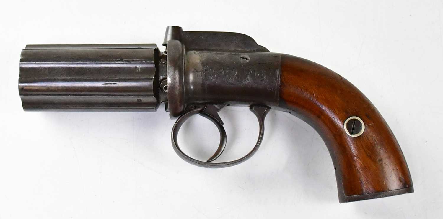 A 19th century 80 bore six shot caplock pepperbox revolver with 2.75" barrels, simple foliate - Image 2 of 2