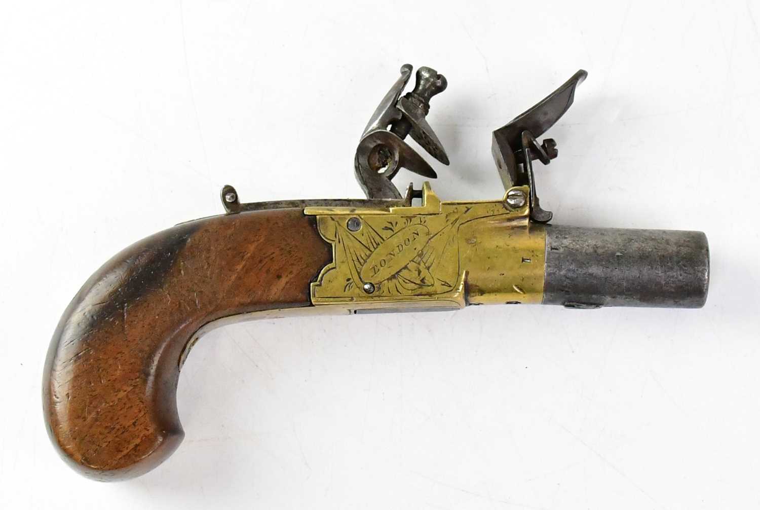 ANDERSON, LONDON; an early 19th century 40 bore flintlock pocket pistol, 1.5" turn-off barrel, brass