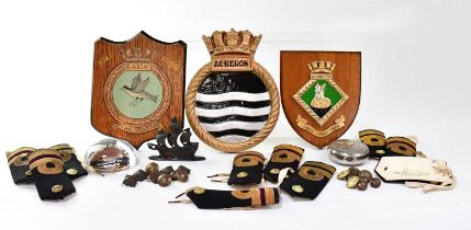 Maritime related objects to include two wooden crests, one 'RNAS Stretton' and 'Warrior Haul