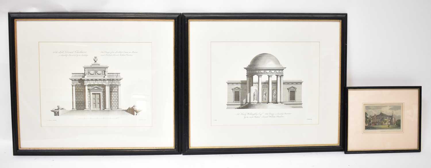 AFTER CHAMBERS; a pair of architectural reproduction prints, together with two coloured etchings, '
