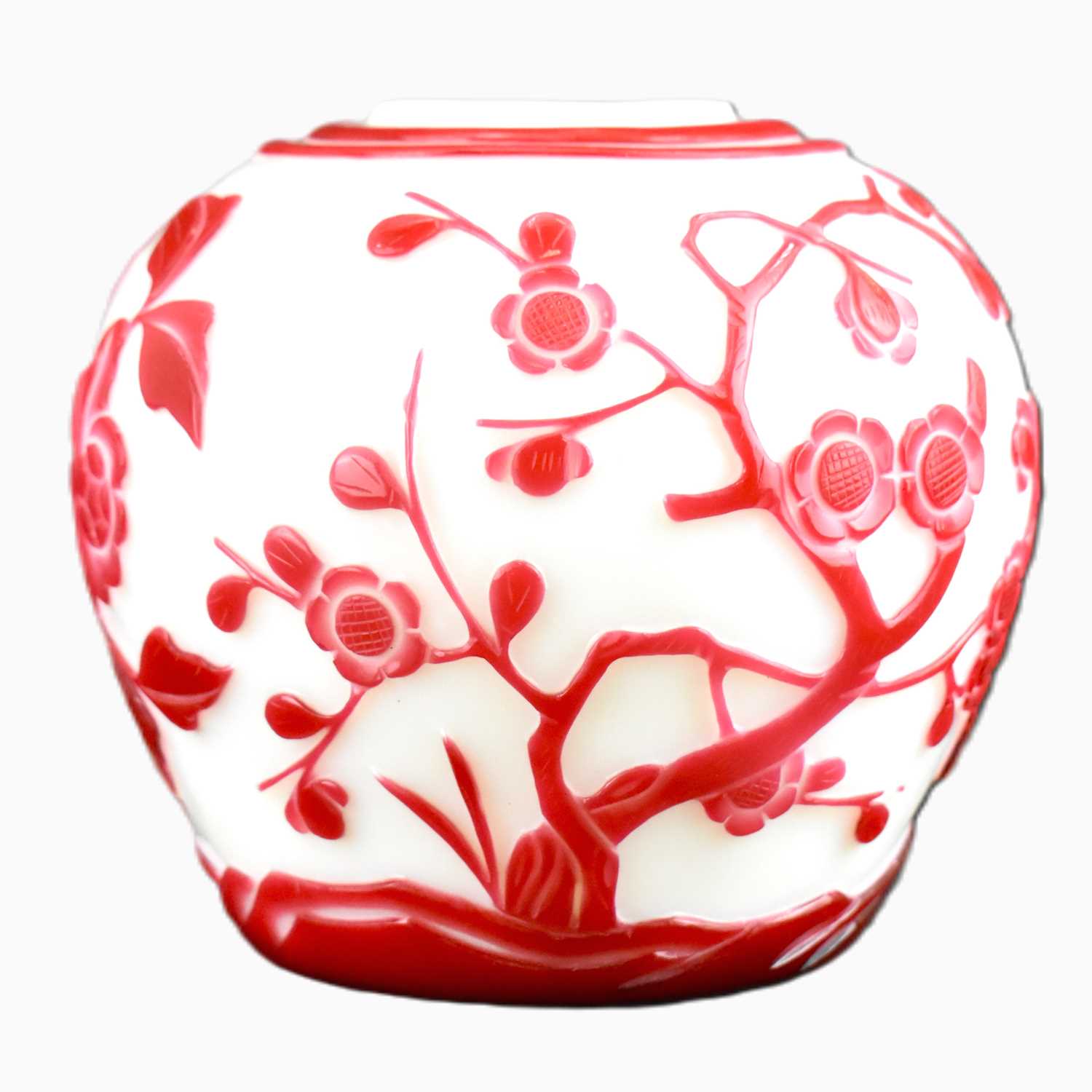 A Chinese red overlay Peking vase of bulbous shape decorated with cherry blossom, unmarked, 13 x