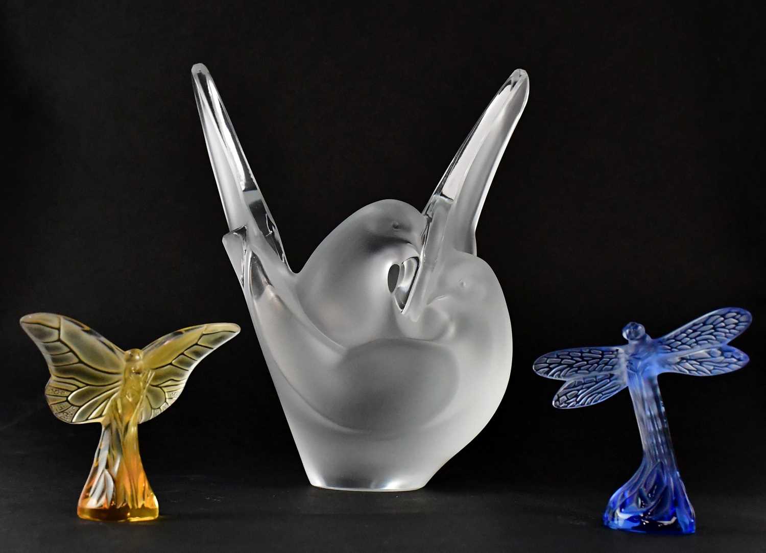 LALIQUE; a frosted glass 'Sylvie' bowl depicting two intertwined doves, height 20.5cm, an amber - Image 2 of 2