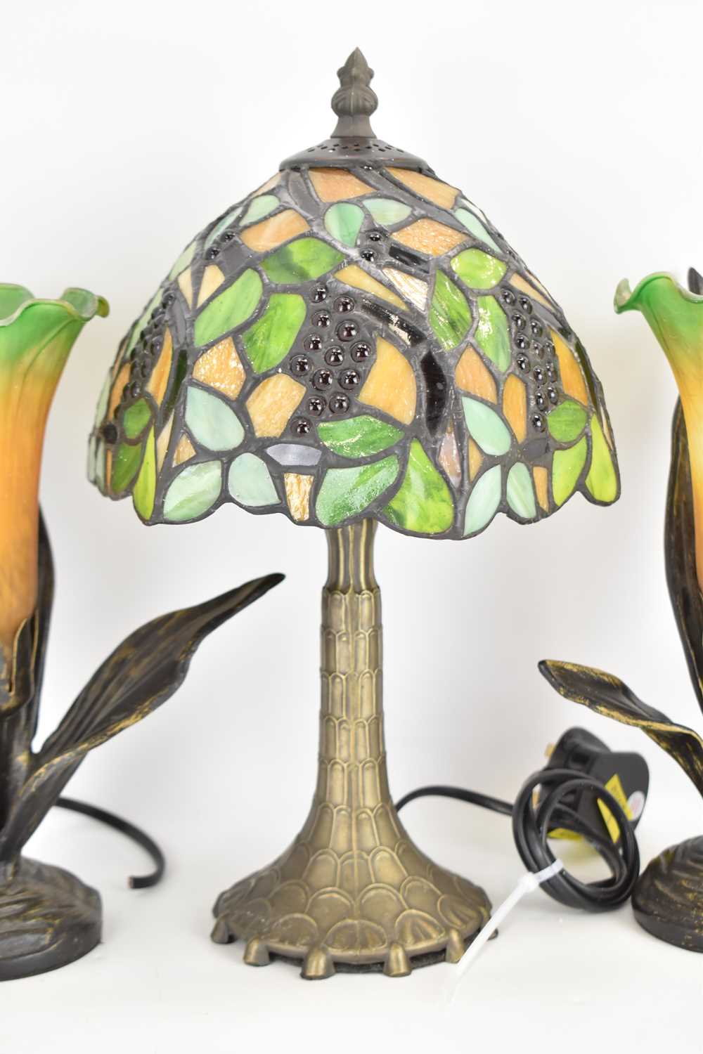 A small modern Tiffany-style table lamp with grape and leaf design, height 32cm, and a pair of - Image 3 of 4